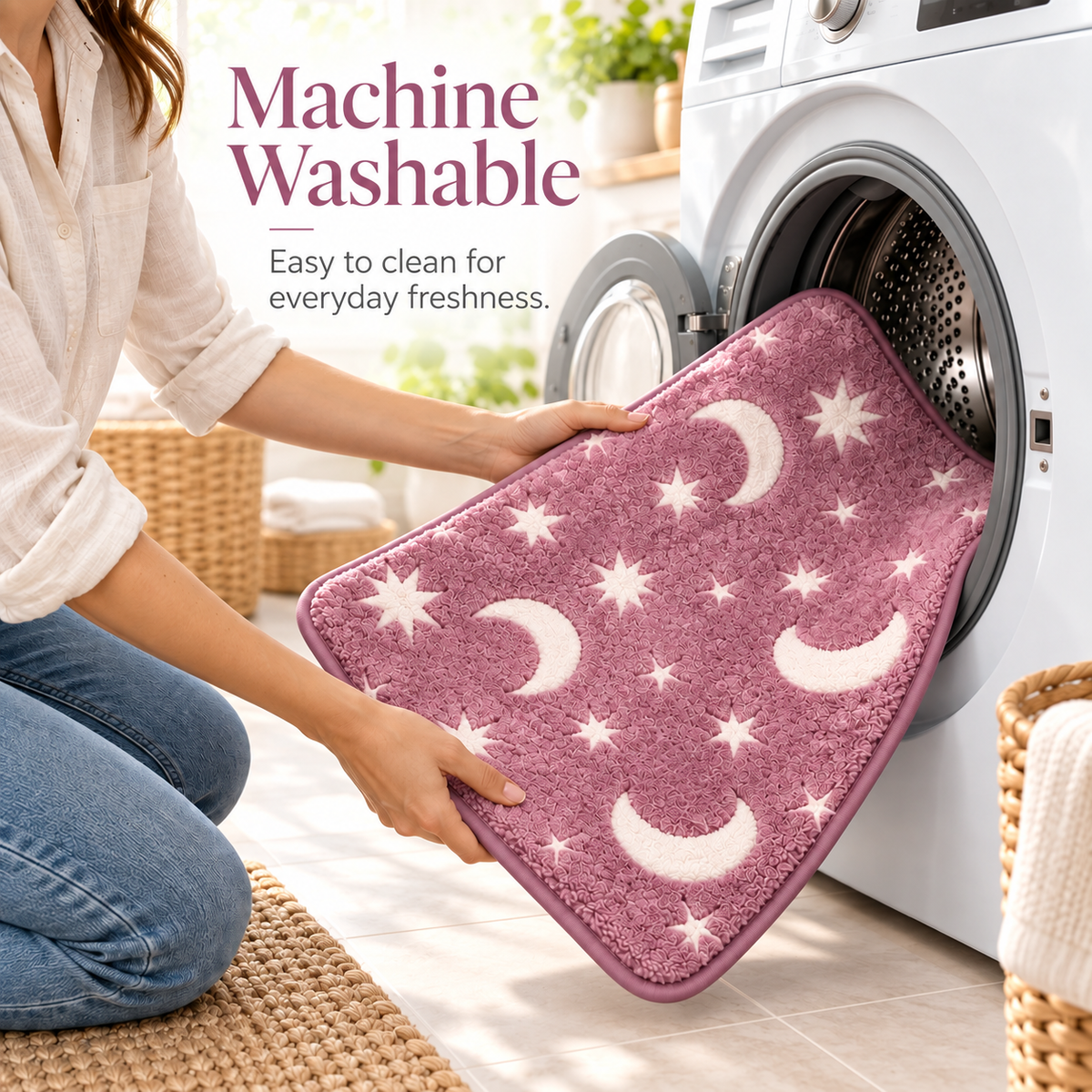 Glow-in-the-Dark Moon & Star Bathroom Mat Set 3 Piece Plush Set