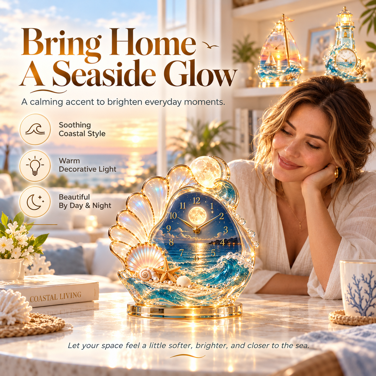 Coastal Glow Crystal Clock Collection | Sailboat, Shell & Lighthouse