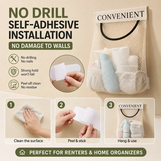No-Drill Hanging Mesh Storage Bag | Adhesive Wall Organizer