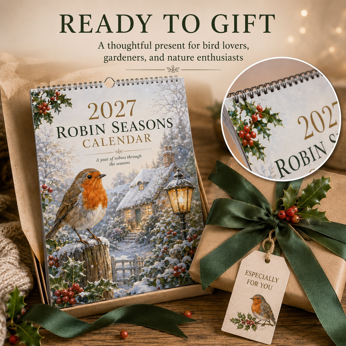 2027 Robin Seasons Calendar British Countryside Garden Bird Wall Calendar & Gift for Bird Lovers