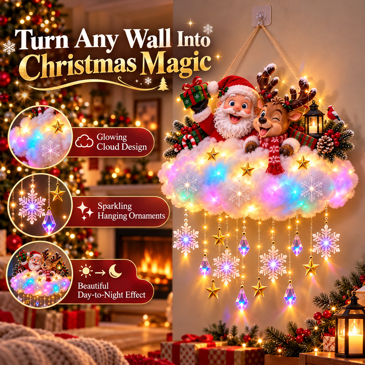 Light-Up Christmas Cloud Hanging Decor Santa & Winter Village Holiday Display