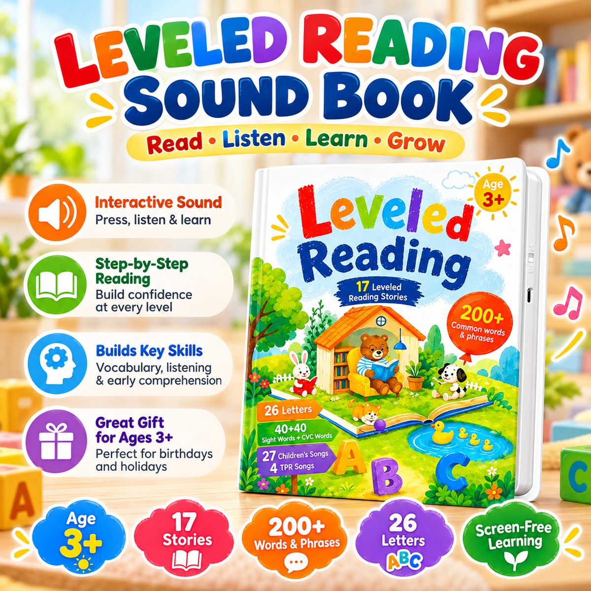 Interactive Leveled Reading Sound Book 17 Stories & 200+ Words