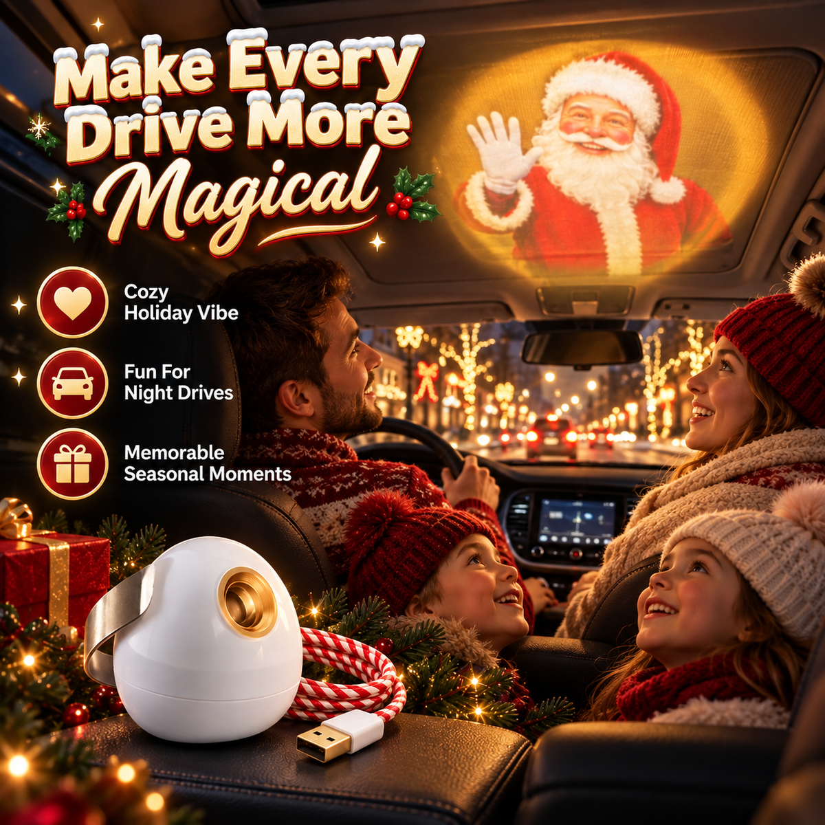 Santa Beam Christmas Car Projector USB Holiday Projection Light with 6 Santa Films