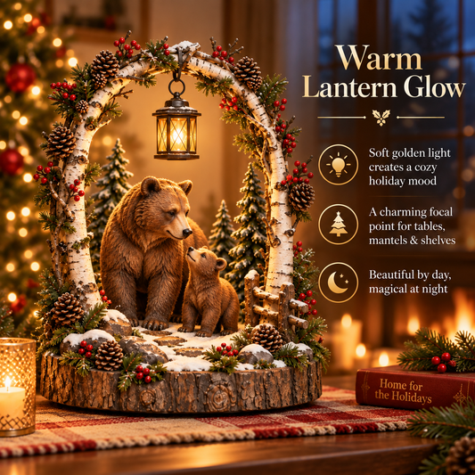 Woodland Bear Family Lantern Lighted Christmas Forest Tabletop Decor