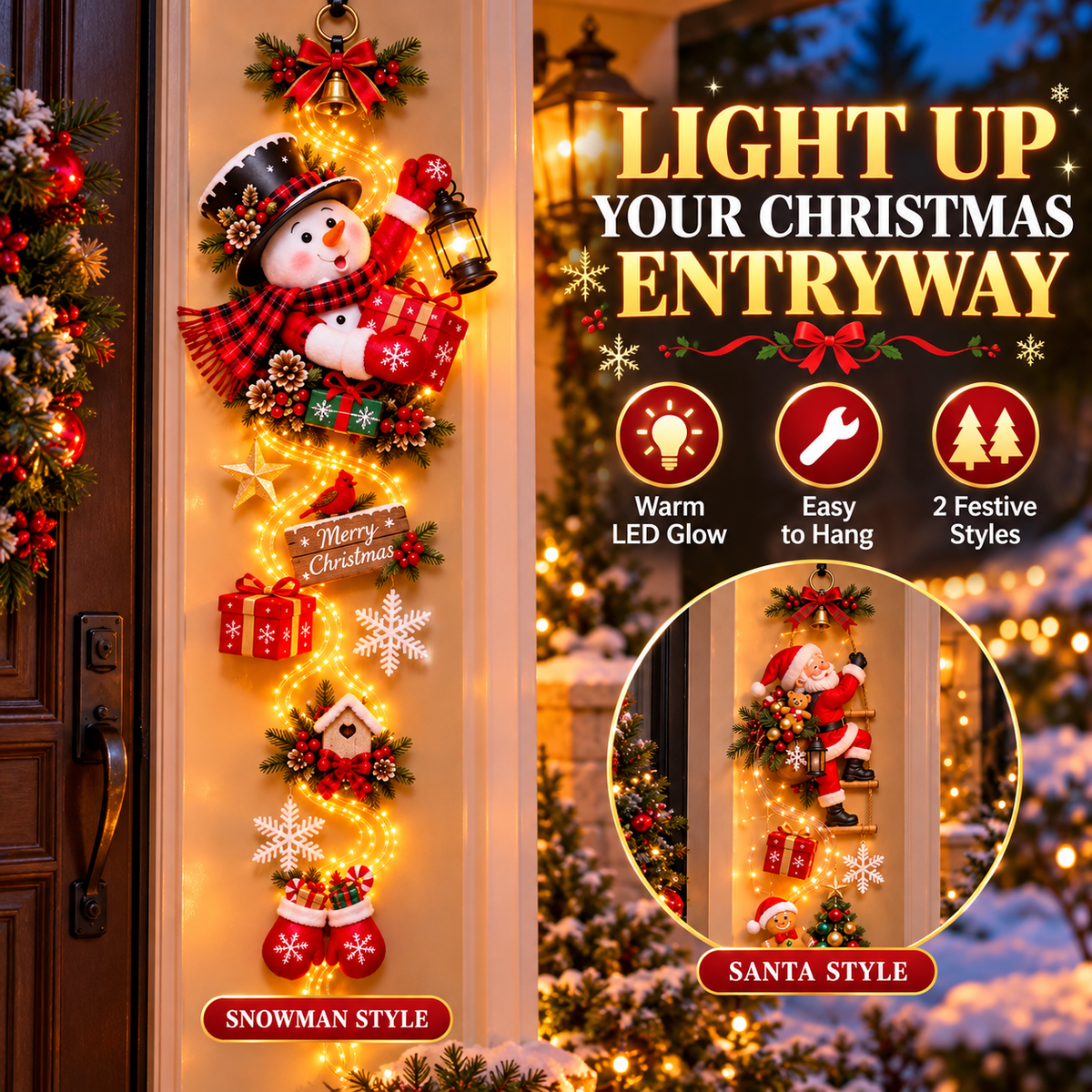Light-Up Christmas Entryway Decor Snowman & Santa Hanging Door Light