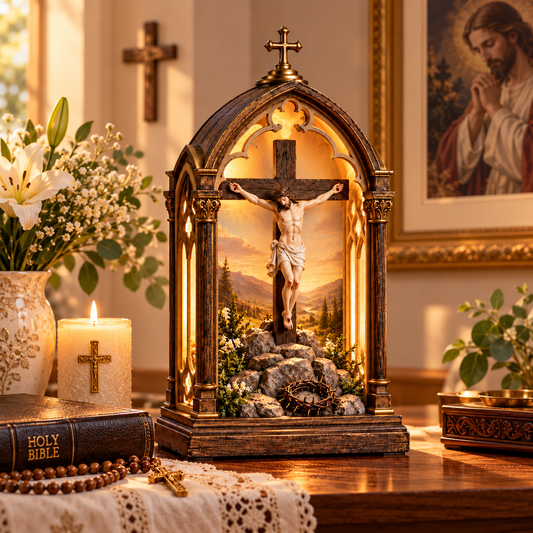 Illuminated Calvary Devotional Shrine | Warm Christian Prayer D cor