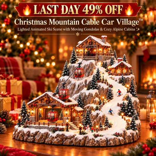 Animated Christmas Mountain Village Moving Cable Cars & Skiers