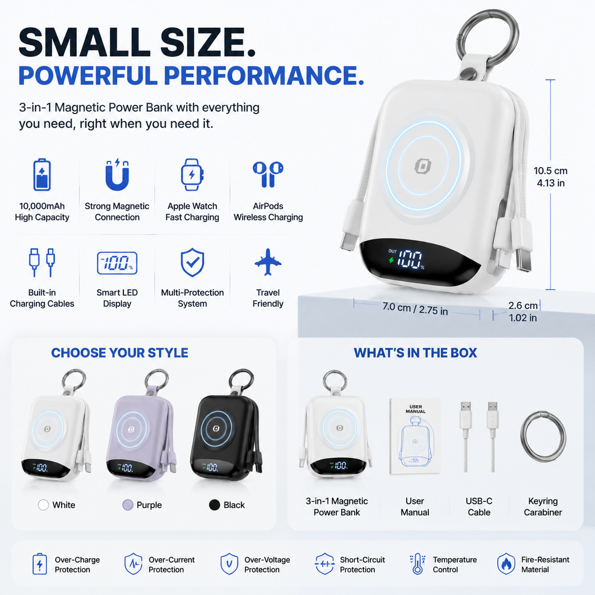 sell - 10,000mAh 3-in-1 Magnetic Power Bank with Built-In Cables