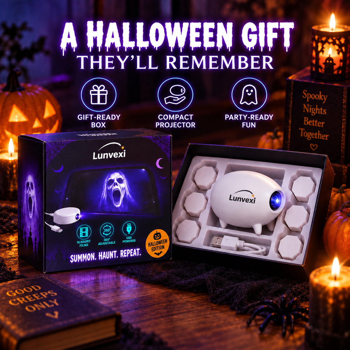 Halloween Window Projector 16 Spooky Films USB Powered Holiday Decor