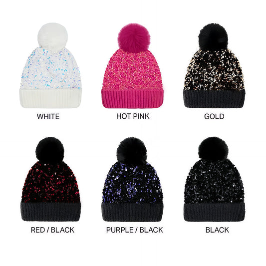 Sequin Fur Pom Beanie for Women