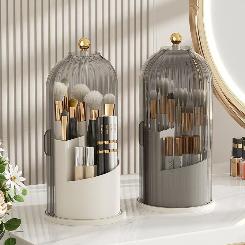 360° Rotating Makeup Brush Organizer – Clear Acrylic Cosmetic Storage Holder with Dust-Proof Lid