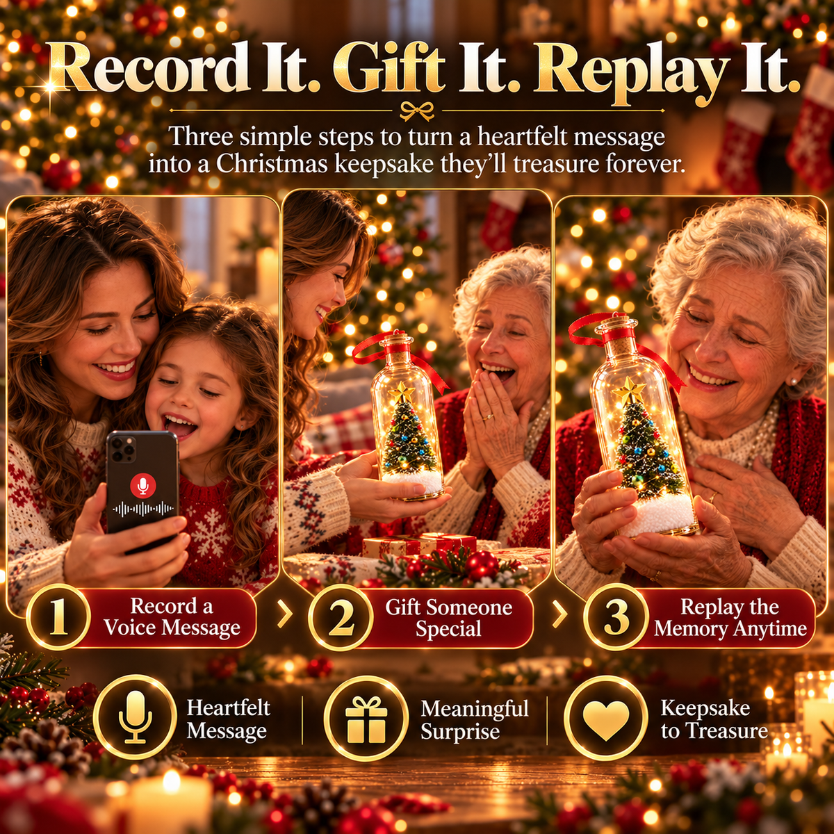 Christmas Voice Recording Bottle 30-Second Personalized Keepsake Gift for Family & Grandparents
