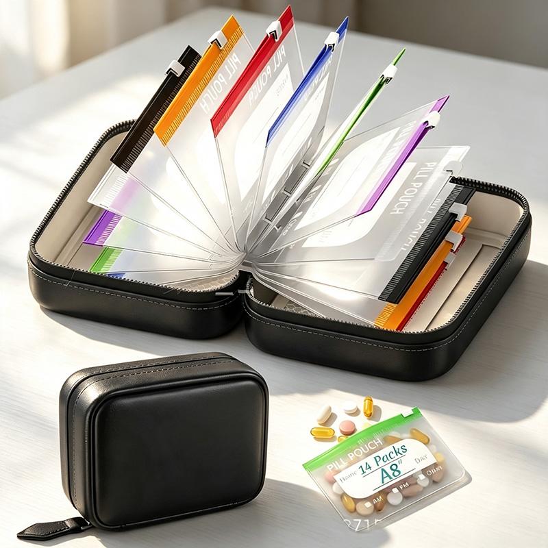Waterproof A8 Pill Pouch Set, 14 Reusable Zippered Pill Bags