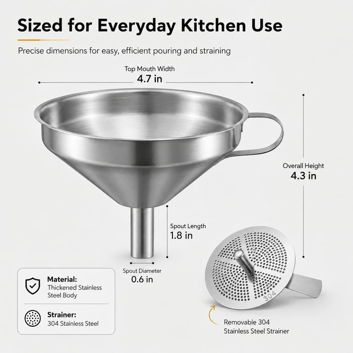 Heavy-Duty Stainless Steel Kitchen Funnel (Strainer Included)