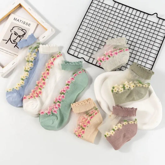 7 Pairs Womens Sheer Floral Mesh Ankle Socks Thin Transparent Ruffle Socks for Summer