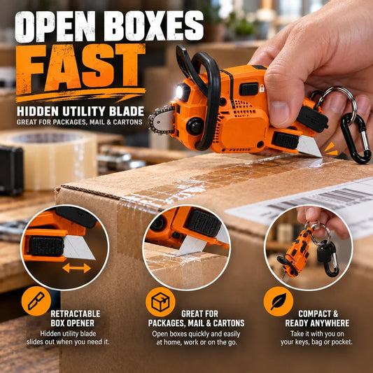 Mini Chainsaw Keychain Multi-Tool Rechargeable LED Flashlight & Retractable Utility Cutter