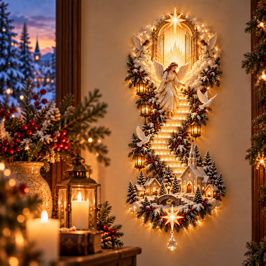 Jesus Light of Heaven Christmas Wall Hanging | Illuminated Nativity Stairway Decor