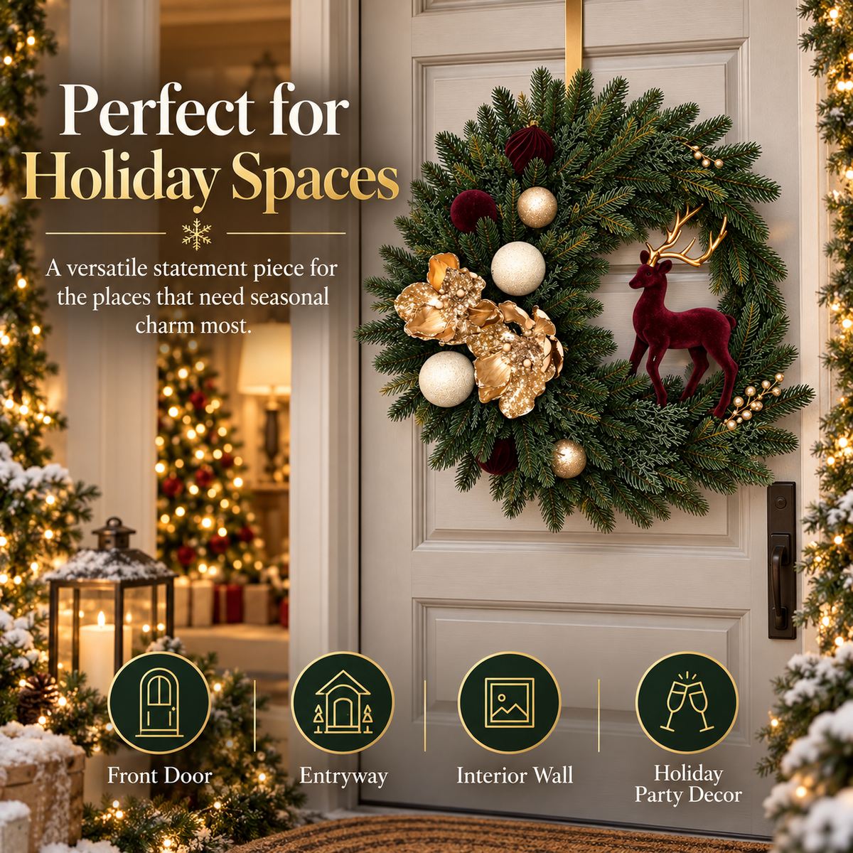 Luxury Burgundy Reindeer Christmas Wreath Elegant Champagne Gold Front Door Holiday Decor
