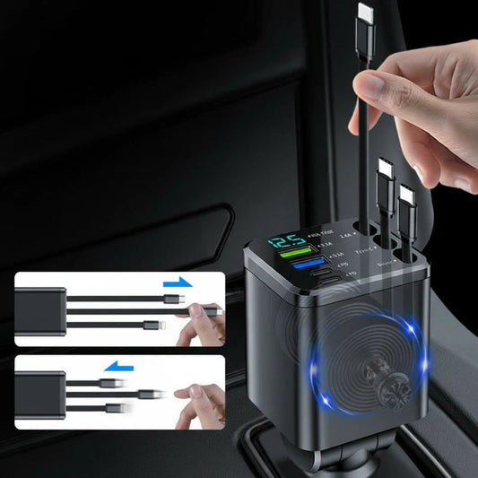 7-in-1 Retractable Fast Car Charger with Voltage Display USB-C, Fast Charging & Essential for Daily Use