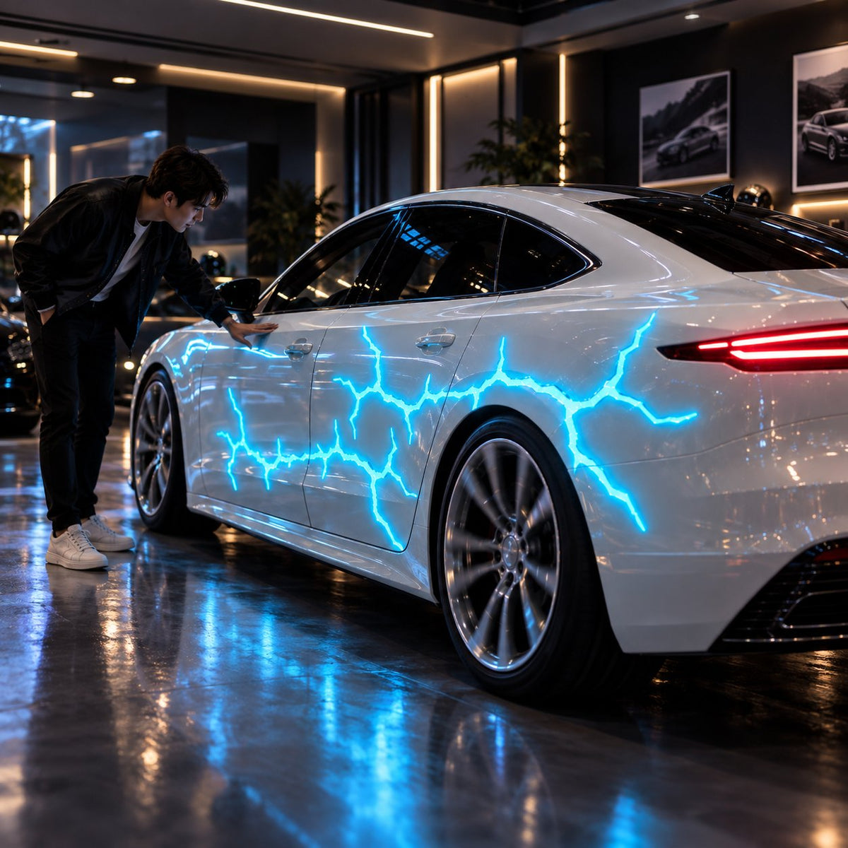 β‘ Liquid Laser Glow Electric Cyan Car Vinyl Wrap with Crackle Thunder Light Effect π