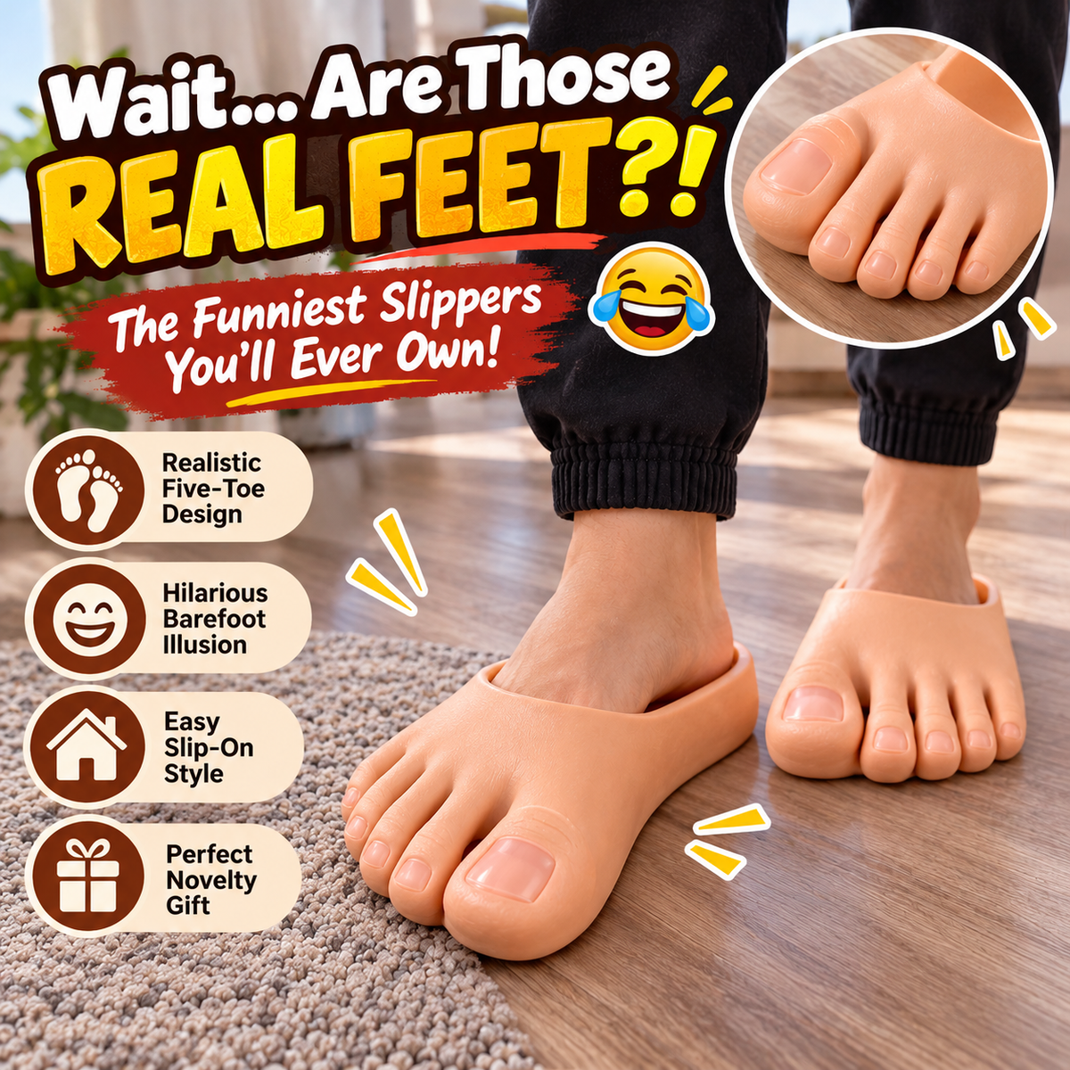 Realistic Barefoot Slippers Funny Giant Toe Slides, Hilarious Prank Gift
