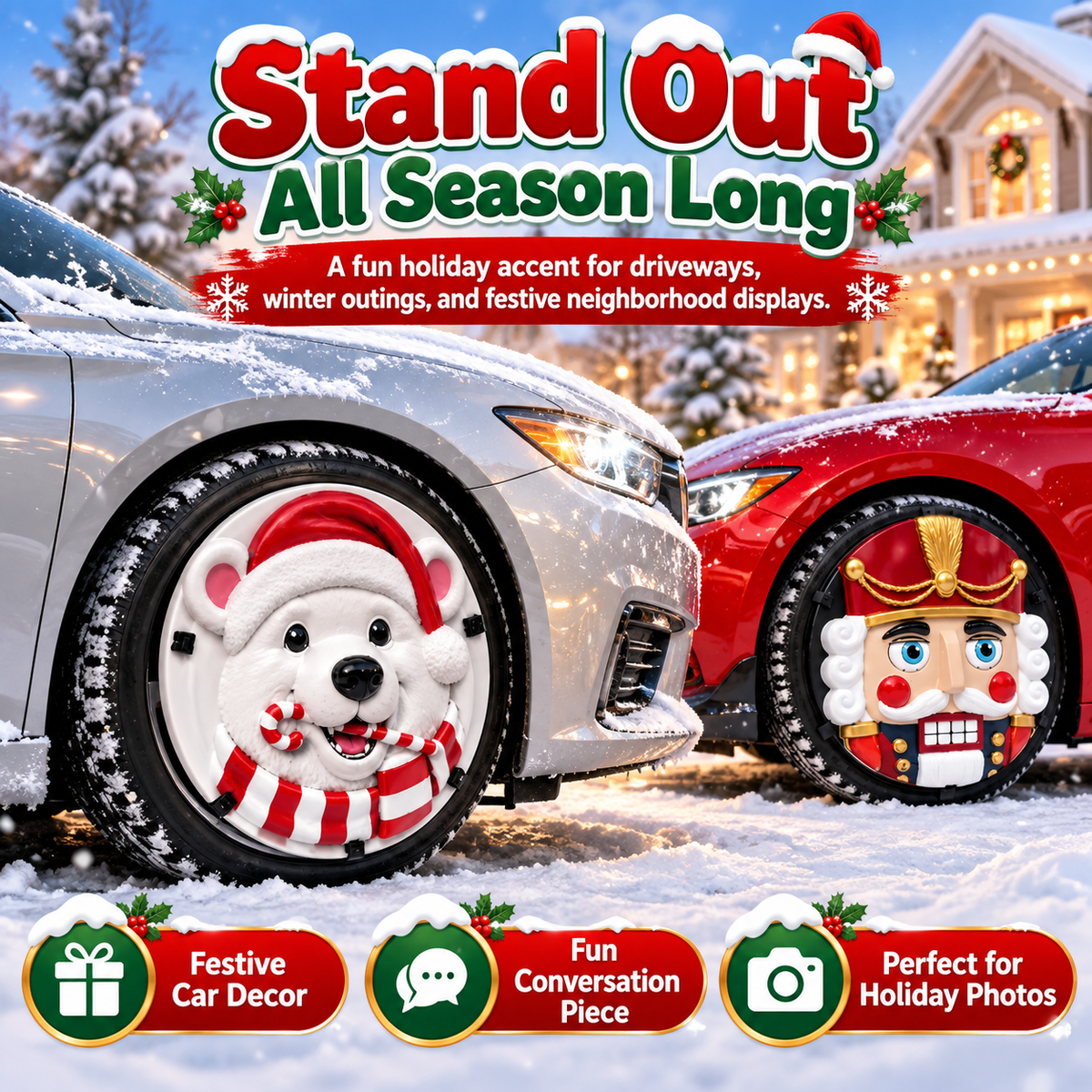 Christmas 3D Wheel Covers Festive Polar Bear & Nutcracker Car Decor