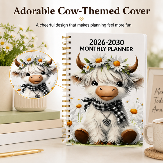 Cute Cow 5-Year Planner 2026 2030 | Monthly Organizer with Farmhouse Cover