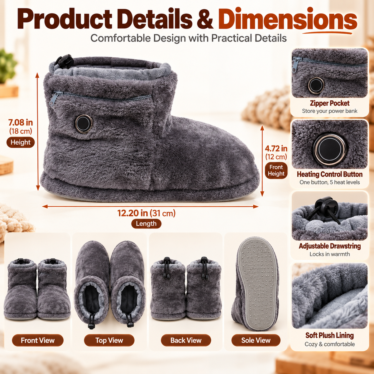 Heated Plush Slipper Boots Cozy Warm Indoor Winter Slippers