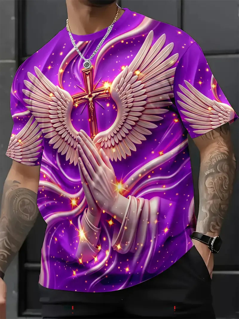 Men's Religious Angel Wings Cross 3D T-Shirt | Faith-Inspired Short Sleeve Summer Tee