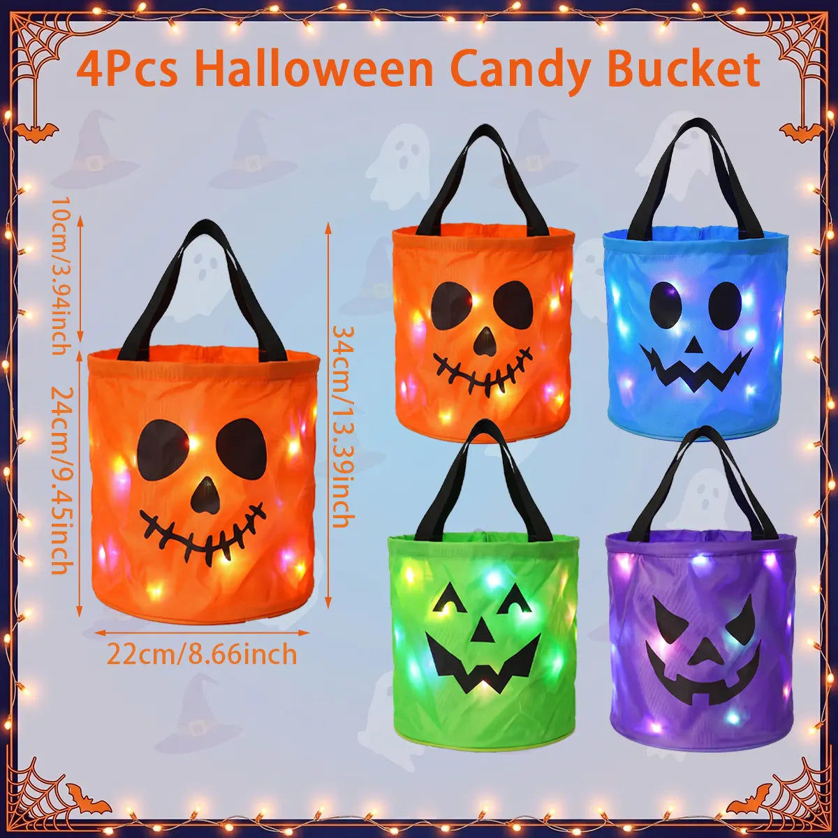 π Halloween Candy Bucket with LED Lights Non Woven Gift Bags Trick or Treat Bags Pumpkin Candy Bags Reusable Tote Bags π»
