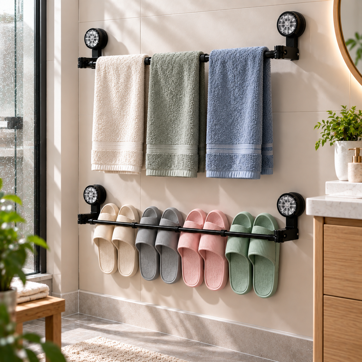 ๐ Adjustable Wall-Mounted Slipper & Towel Storage Rack