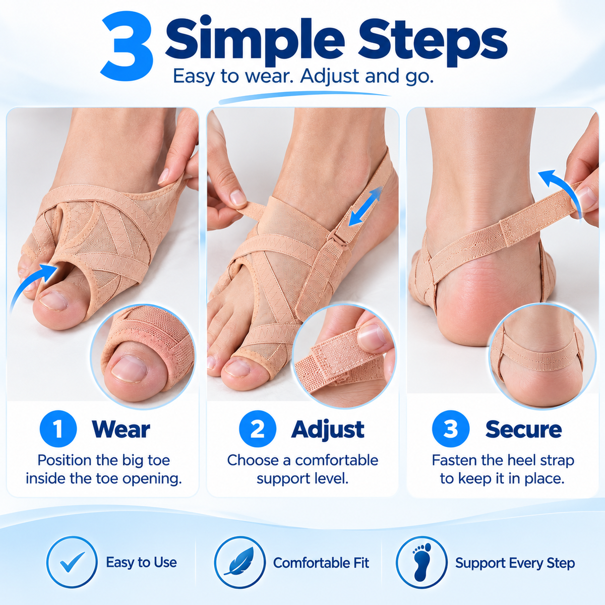 5-Level Adjustable Big Toe Corrector Toe-to-Heel Alignment Support for Everyday Comfort