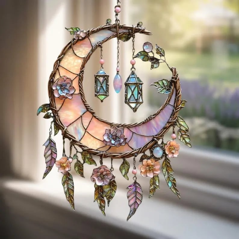 Hand-Painted Moon and Floral Window Decor