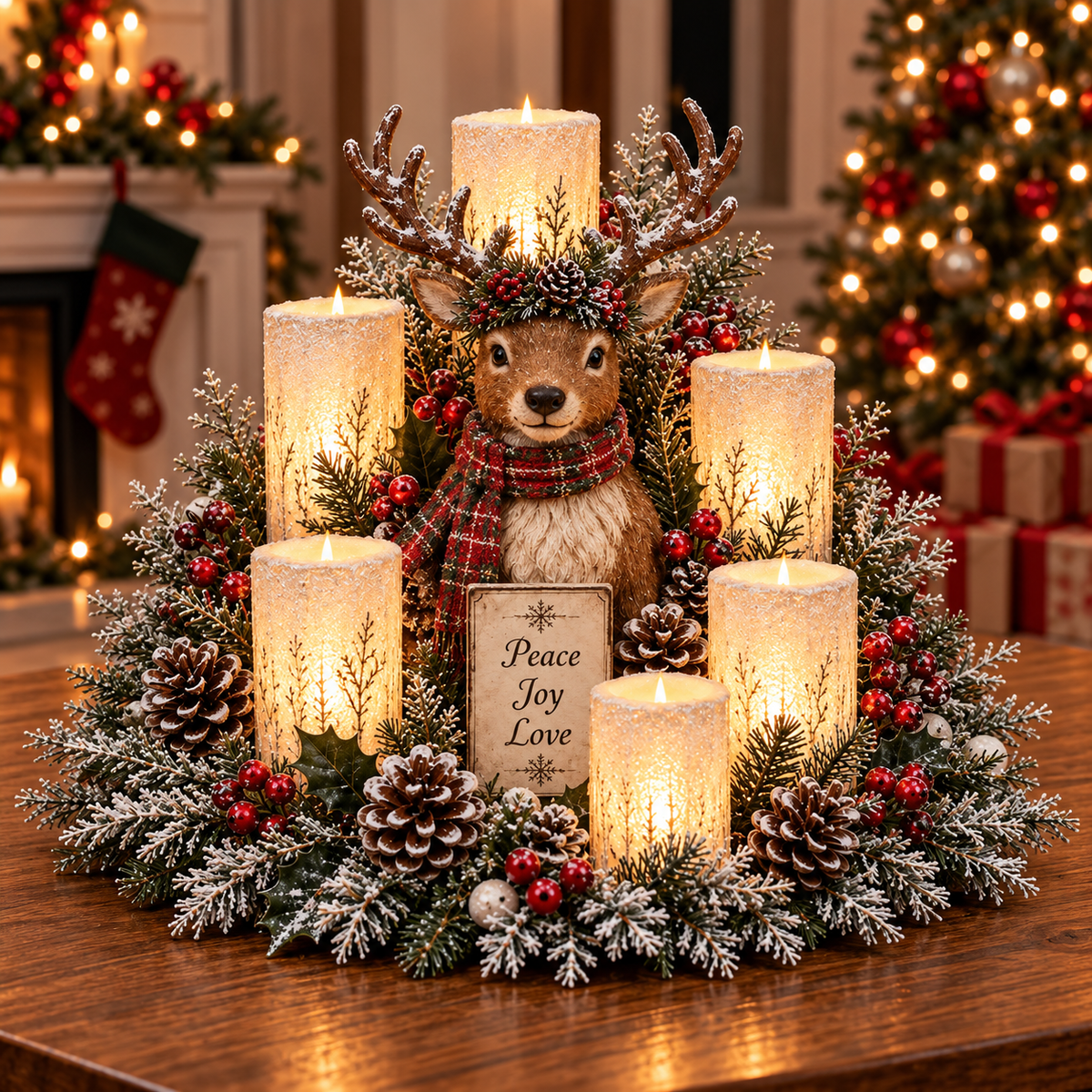 Christmas Reindeer Candle Centerpiece Peace, Joy & Love Holiday Table Decor