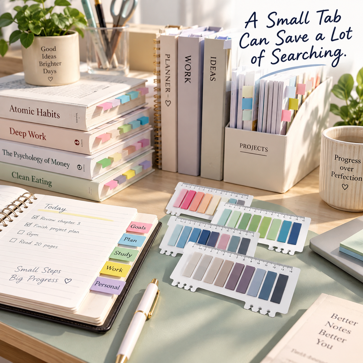 Writable Color-Coded Sticky Tabs Page Markers with Built-In Ruler for Study, Planning & Organization