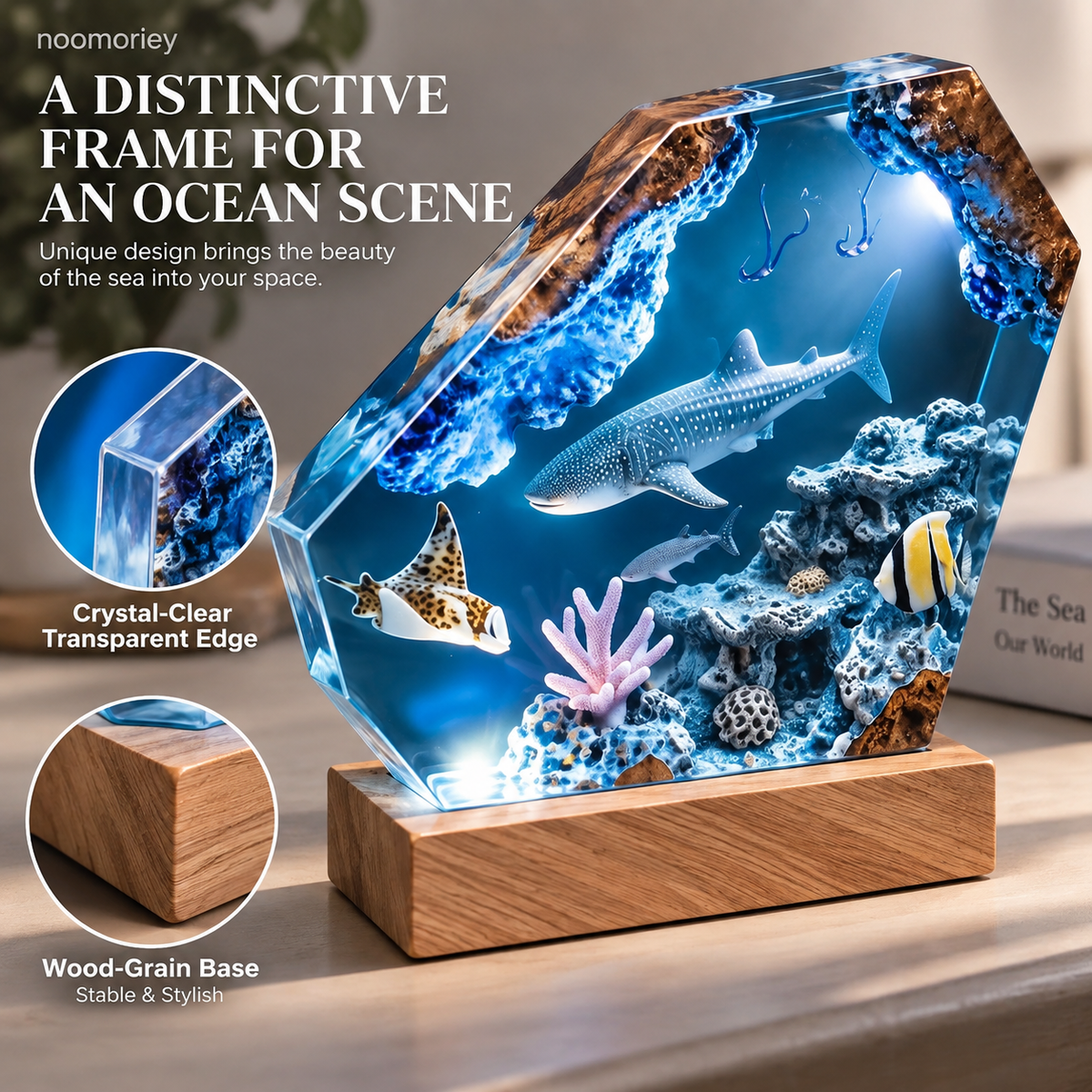 Ocean Scene Night Light Whale Shark Display with Wood-Grain Base