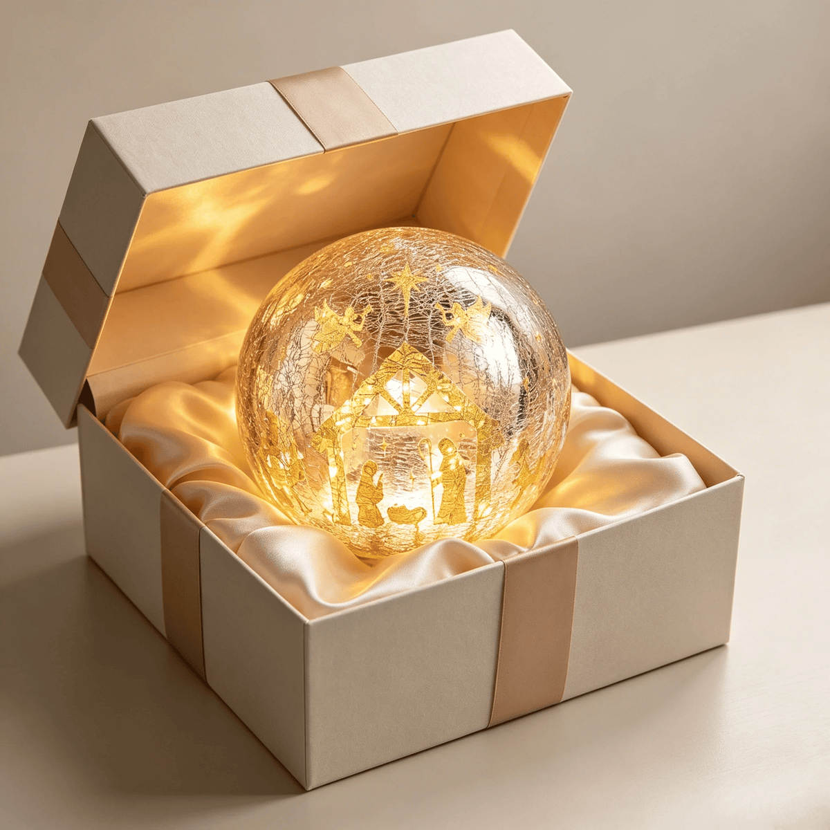Light-up cracked glass ball with Jesus and reindeer design