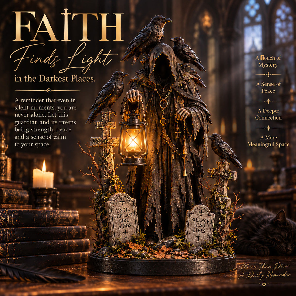 Keeper of the Last Light | Lighted Raven Guardian Gothic Statue