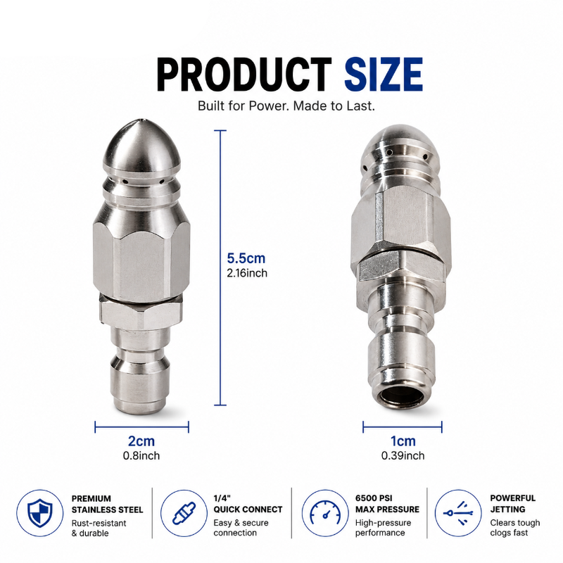 6500 PSI Stainless Steel Sewer Jetter Nozzle 1/4" Quick Connect Drain Cleaning Attachment for Pressure Washers
