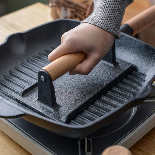 Cast Iron Steak & Burger Press with Wooden Handle Even Heat Distribution
