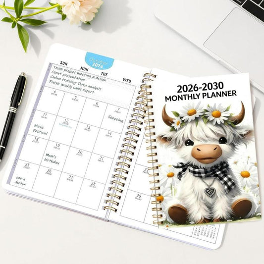 2026-2030 Calendar - From January 2026 to December 2030, 5-year calendar, cartoon Highland cow themed cover design