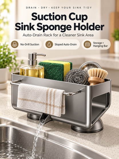 Auto-Draining Sink Sponge Holder No-Drill Suction Cup Kitchen Organizer