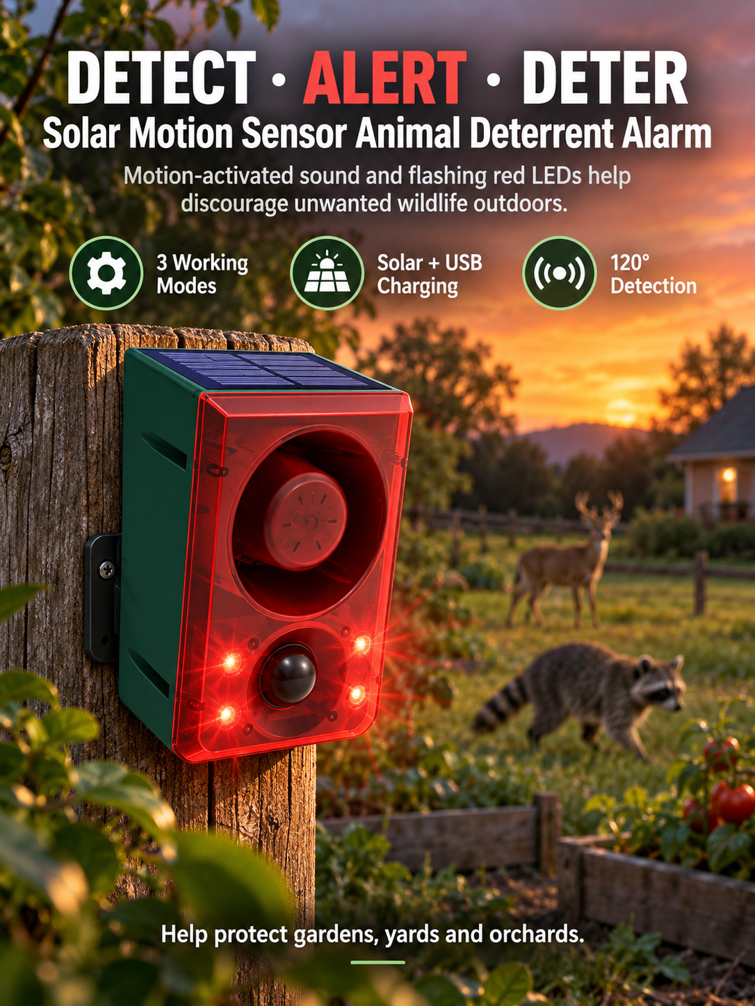 Solar-Powered Outdoor Motion Alarm Remote-Controlled Farm & Garden Security Siren