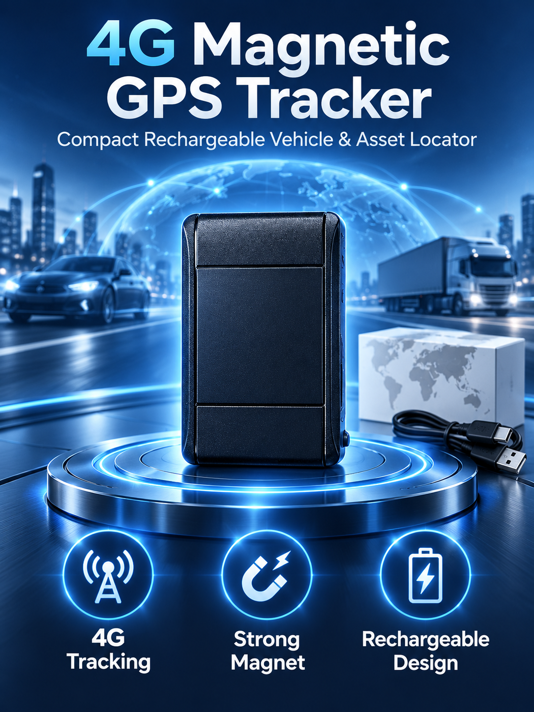 4G Magnetic GPS Tracker Rechargeable Vehicle & Asset Locator