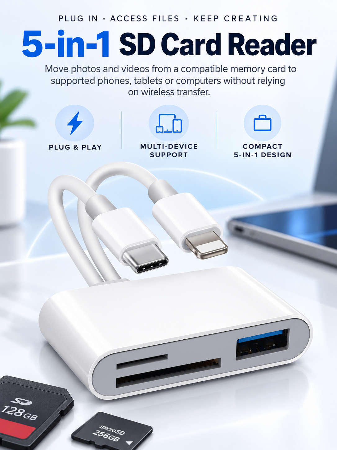 Dual-Cable SD/TF Card Reader & USB OTG Adapter Type-C Multiport Hub