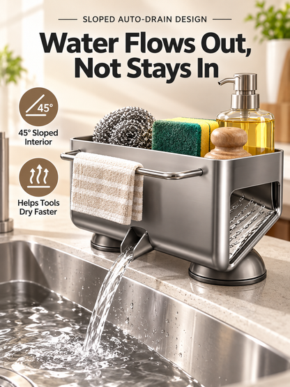 Auto-Draining Sink Sponge Holder No-Drill Suction Cup Kitchen Organizer