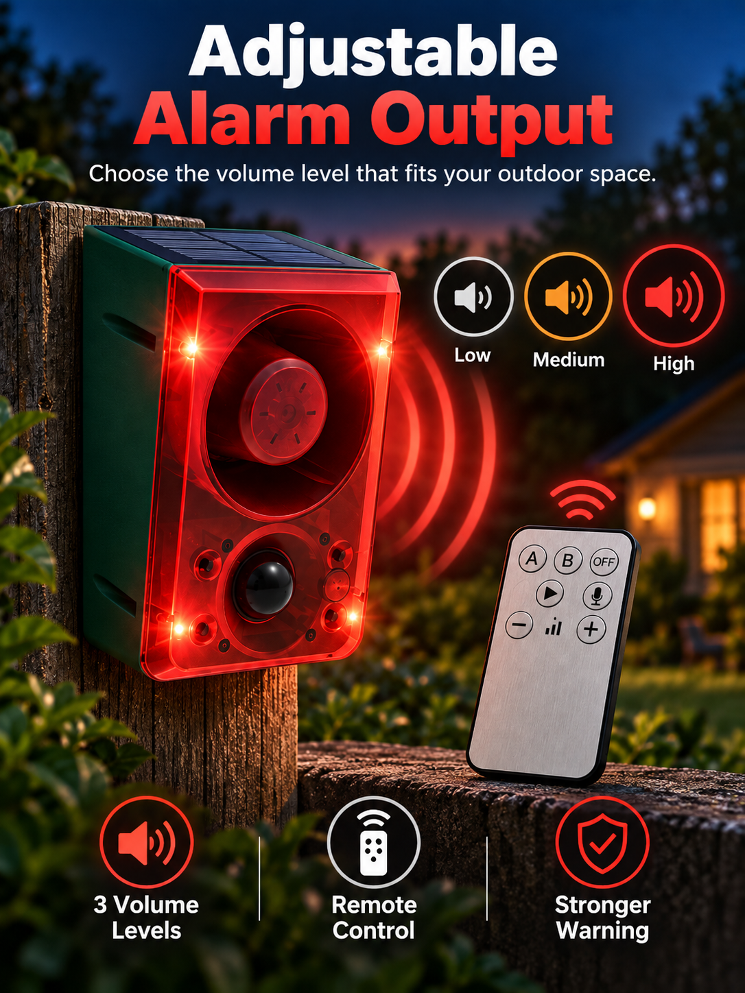 Solar-Powered Outdoor Motion Alarm Remote-Controlled Farm & Garden Security Siren