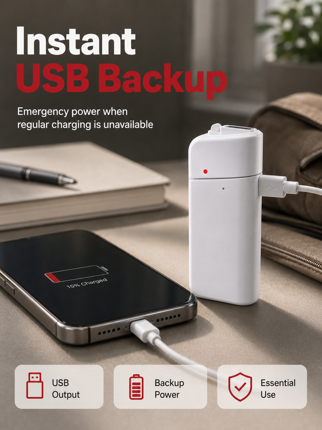Emergency Phone Charger AA Battery Powered USB Backup with LED Flashlight