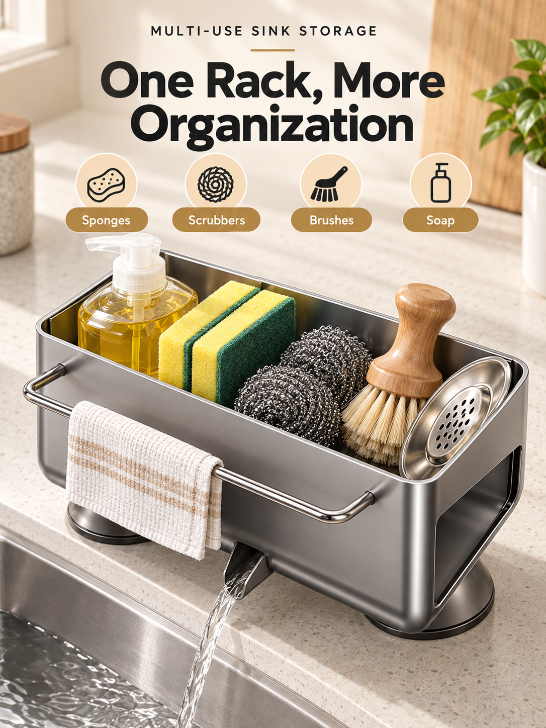 Auto-Draining Sink Sponge Holder No-Drill Suction Cup Kitchen Organizer