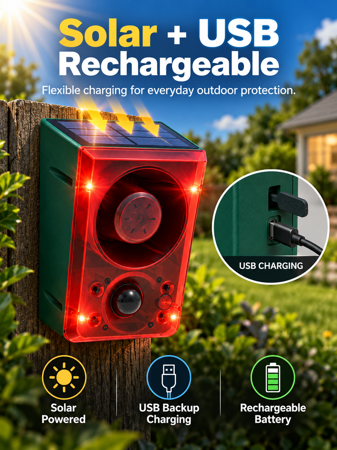 Solar-Powered Outdoor Motion Alarm Remote-Controlled Farm & Garden Security Siren